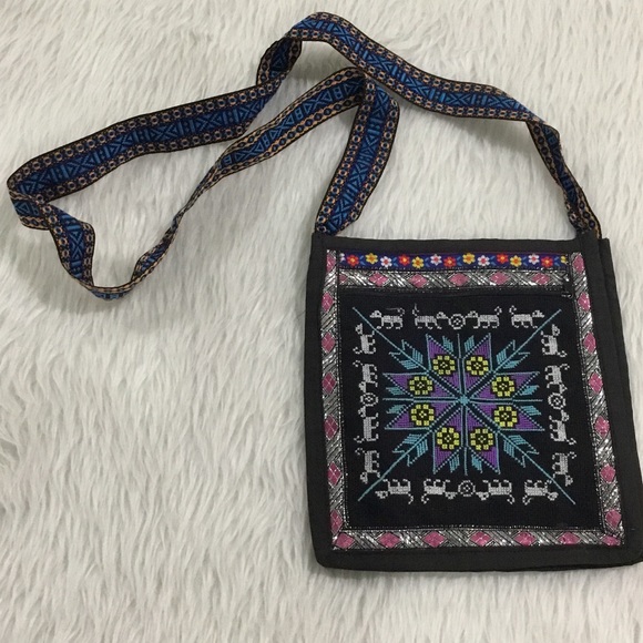 Crossbody Boho cross stitch handmade fabric cute artisan purse - Picture 2 of 6